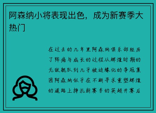 阿森纳小将表现出色，成为新赛季大热门