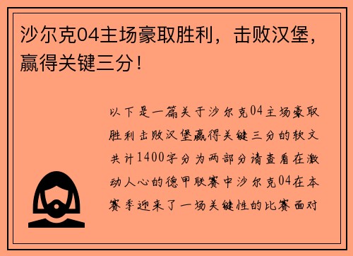 沙尔克04主场豪取胜利，击败汉堡，赢得关键三分！