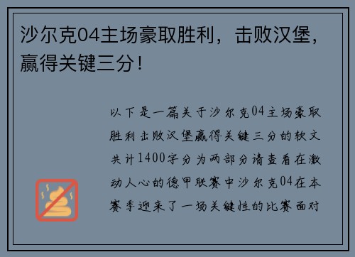 沙尔克04主场豪取胜利，击败汉堡，赢得关键三分！