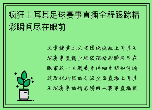 疯狂土耳其足球赛事直播全程跟踪精彩瞬间尽在眼前